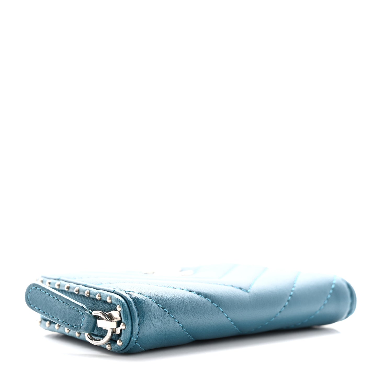 Lambskin Chevron Quilted Studded Zip Around Coin Purse Blue