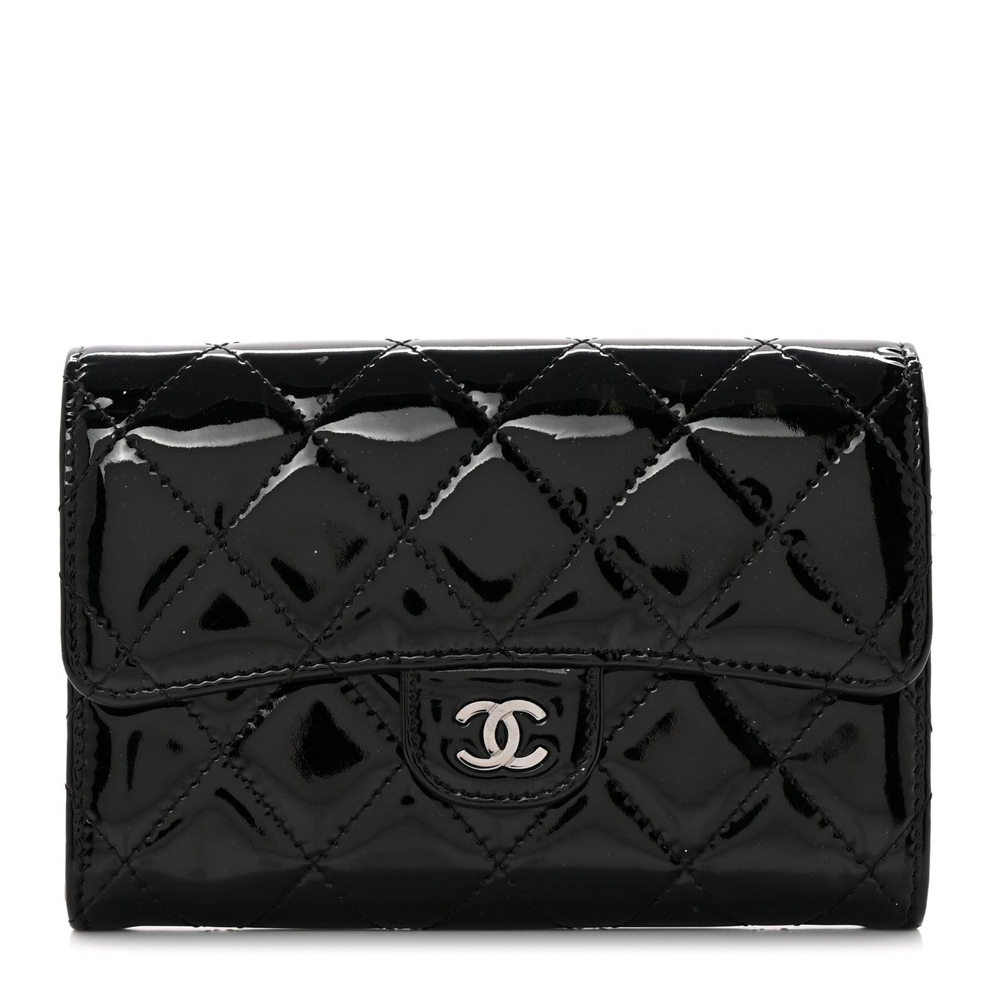 Patent Calfskin Quilted Small Flap Wallet Black