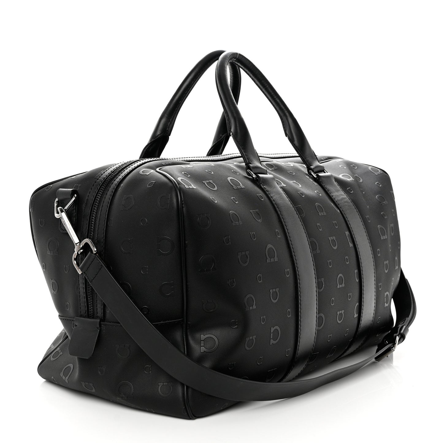 Calfskin Gancini Embossed Travel Duffle Bag Black