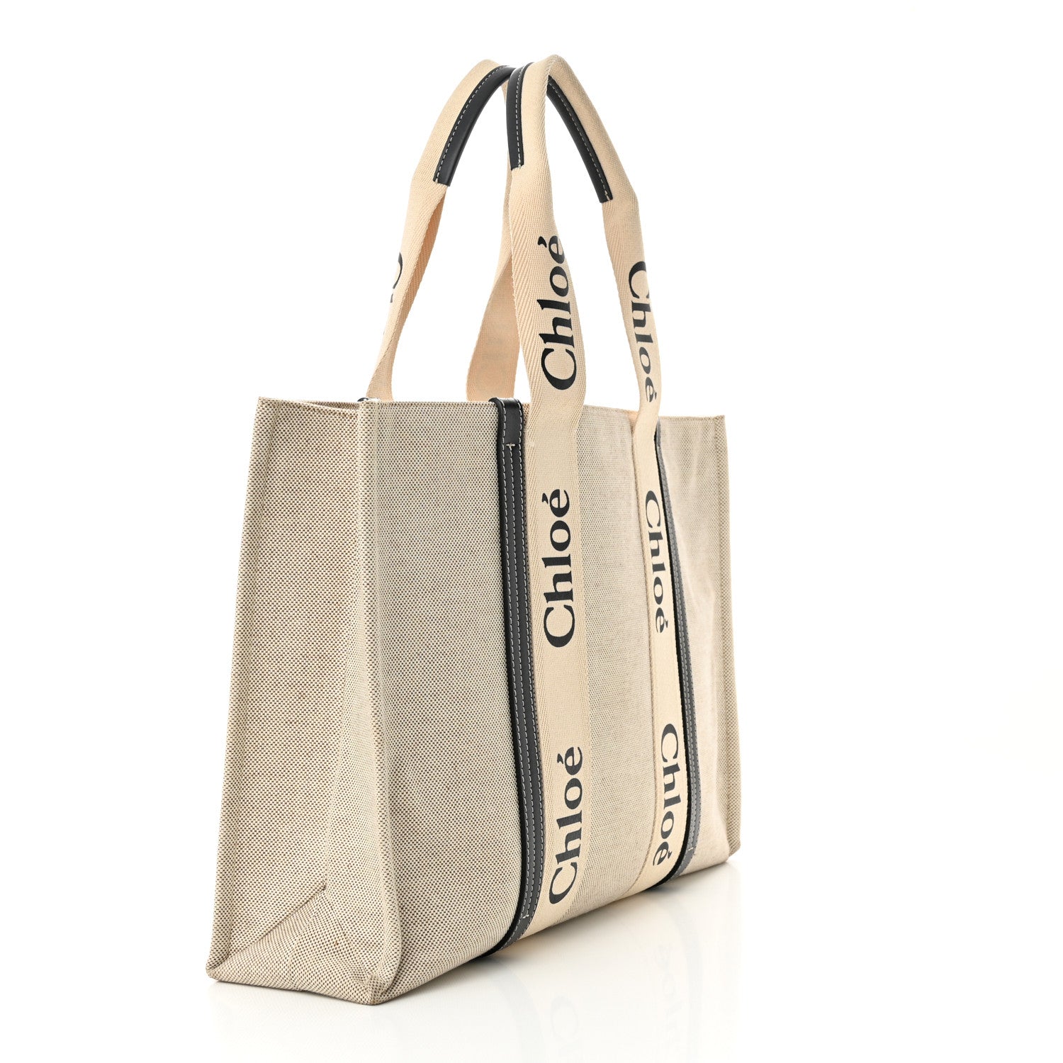 Chloe Cotton Calfskin Large Woody Ribbon Tote White Black 3 of 15