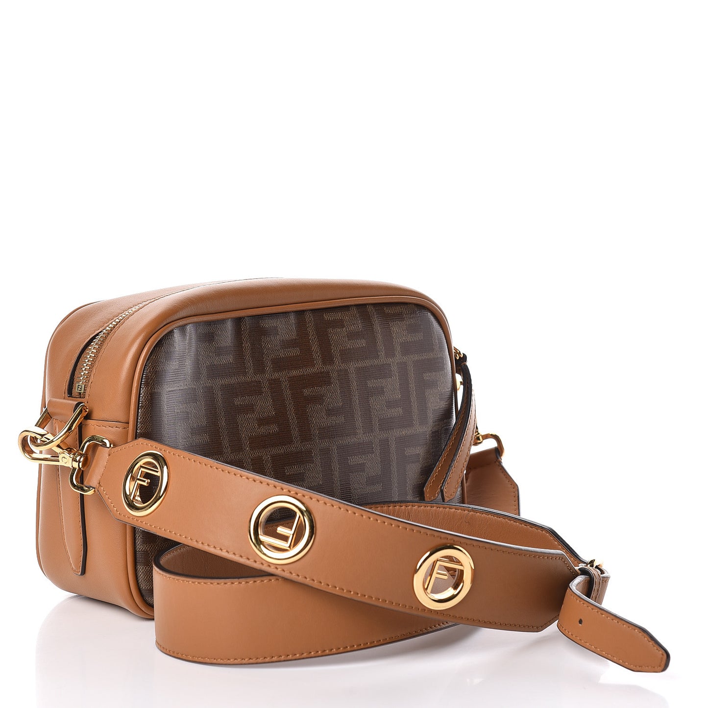 Glazed Fabric Vitello Century F is Fendi FF 1974 Stamp Patch Camera Case Mogano Panna Caramello