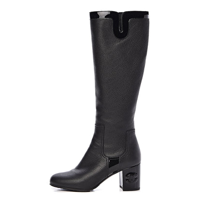 Chanel Grained Goatskin Patent Calfskin High Boots 37.5 Black 1 of 9