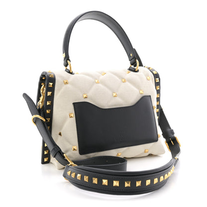 Valentino Garavani Canvas Calfskin Medium Candystud Top Handle Bag Black Beige 4 of 19