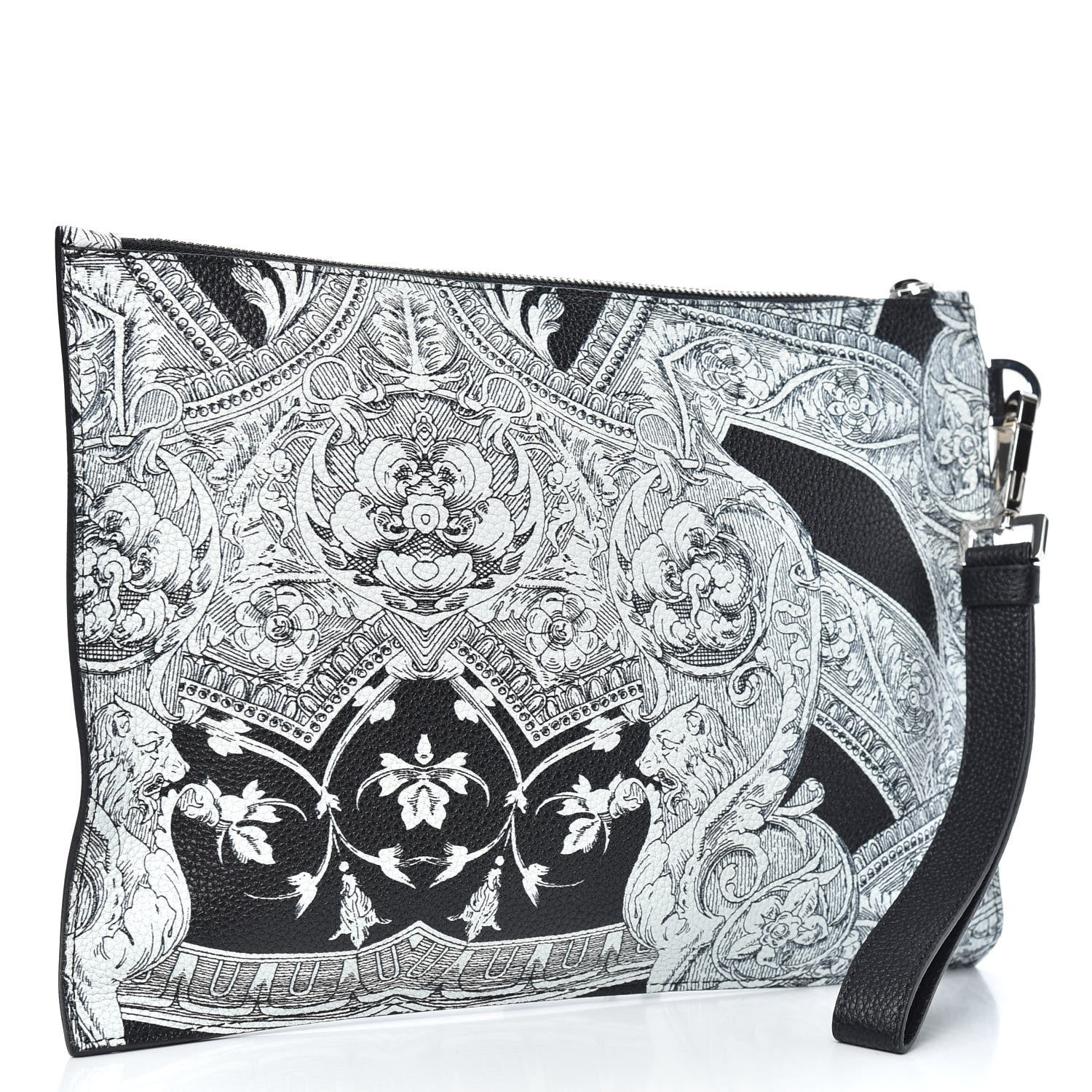 Versace Grained Calfskin Large Baroccoflage Wristlet Pouch Black White 3 of 8