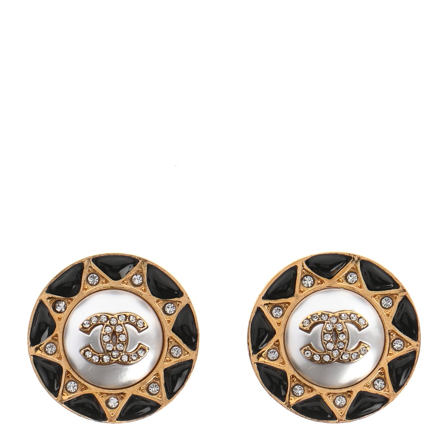 Chanel Pearl Crystal CC Round Clip On Earrings Gold Black 1 of 4