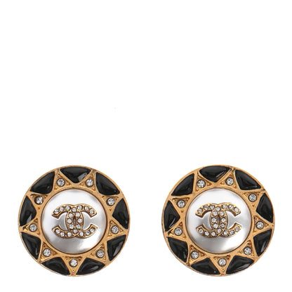 Chanel Pearl Crystal CC Round Clip On Earrings Gold Black 1 of 4