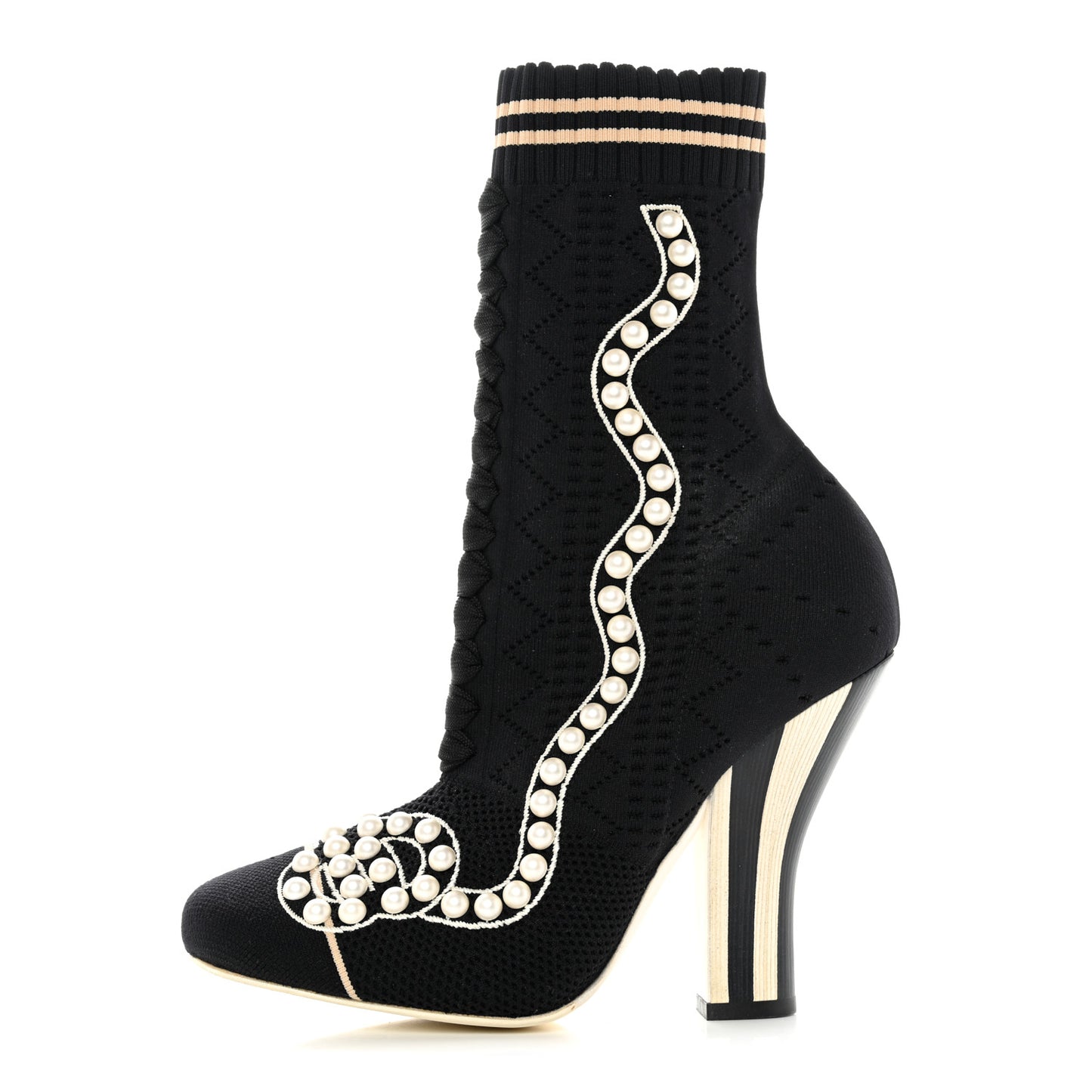 Stretch Fabric Pearl Embellished Openwork Rockoko 105mm Sock Boots 37.5 Black