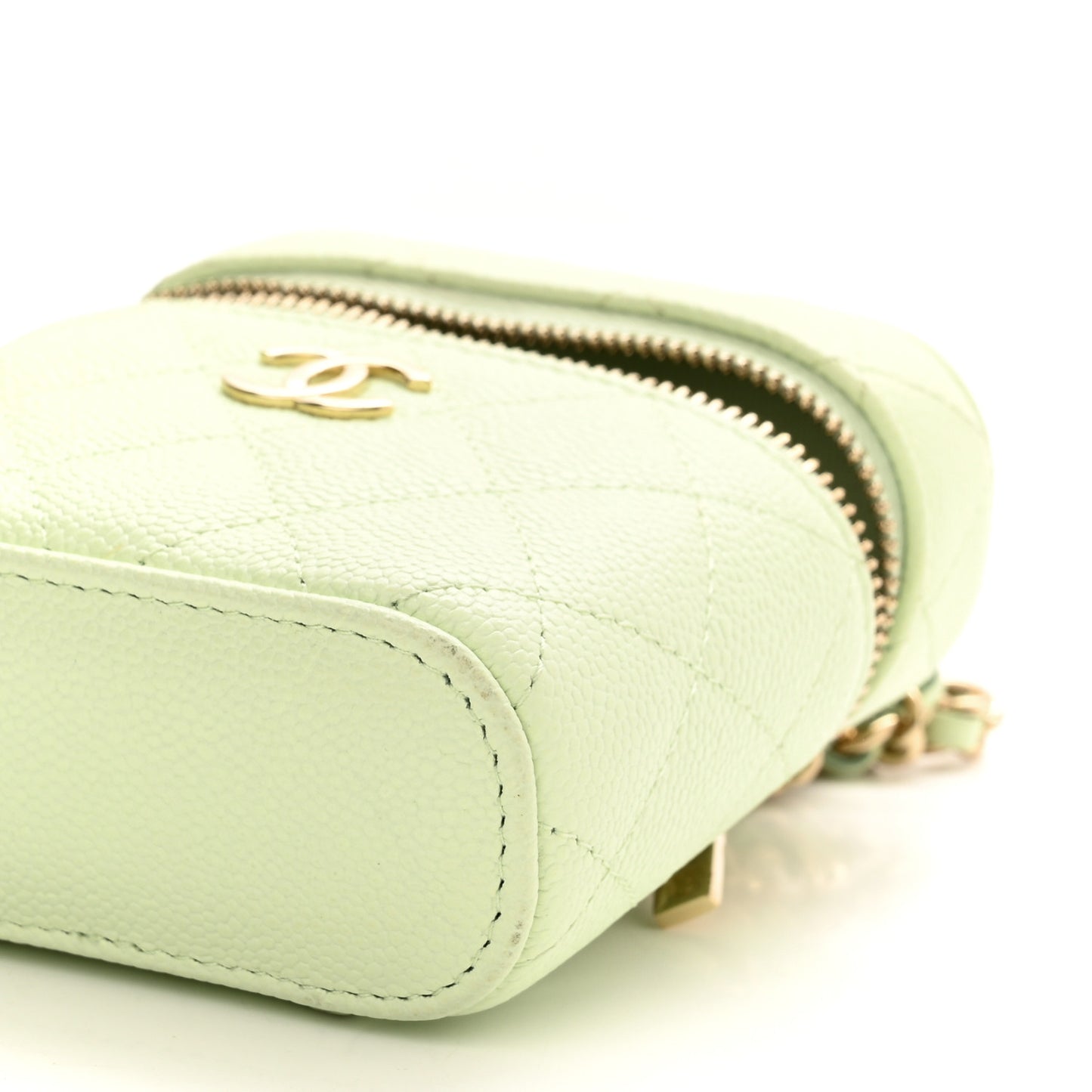 Caviar Quilted Small Handle With Care Vanity Case With Chain Light Green