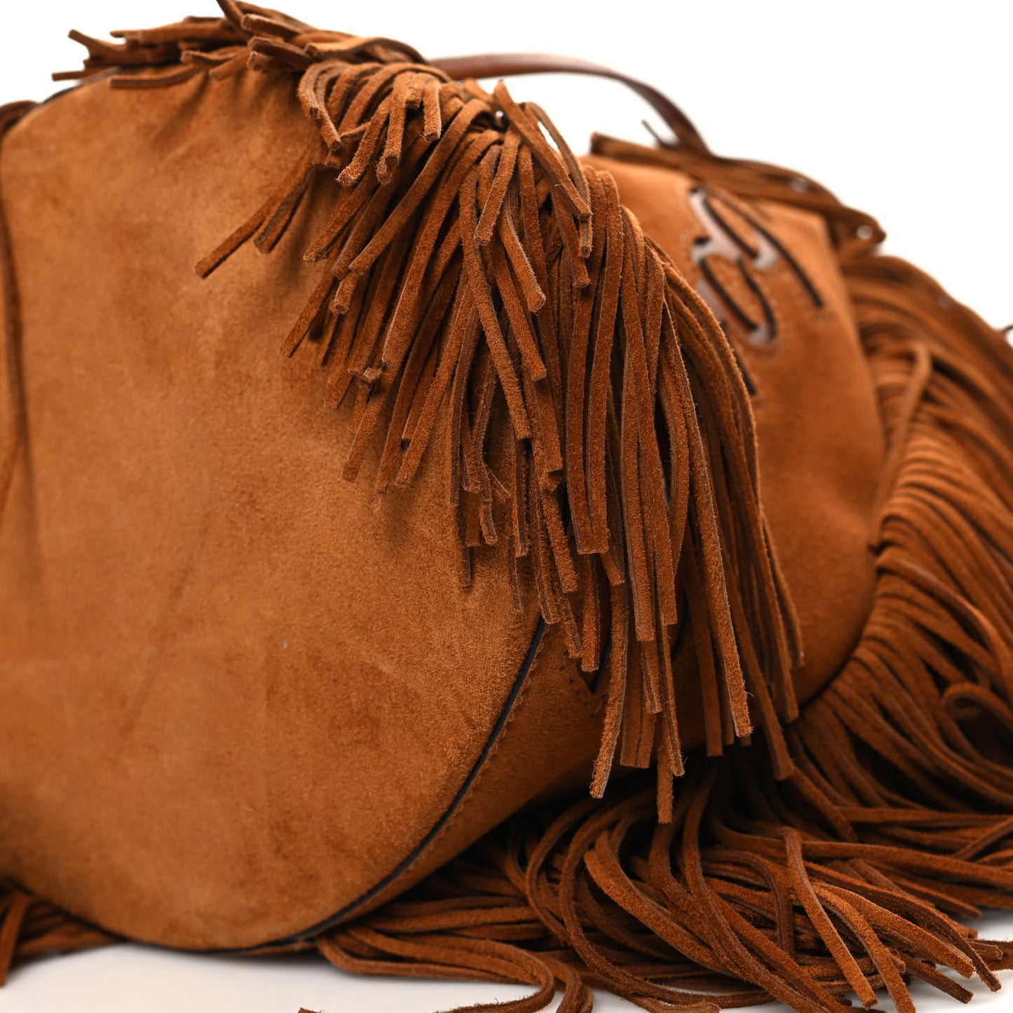 Suede Calfskin Fringe Marie Jane Bucket Brown