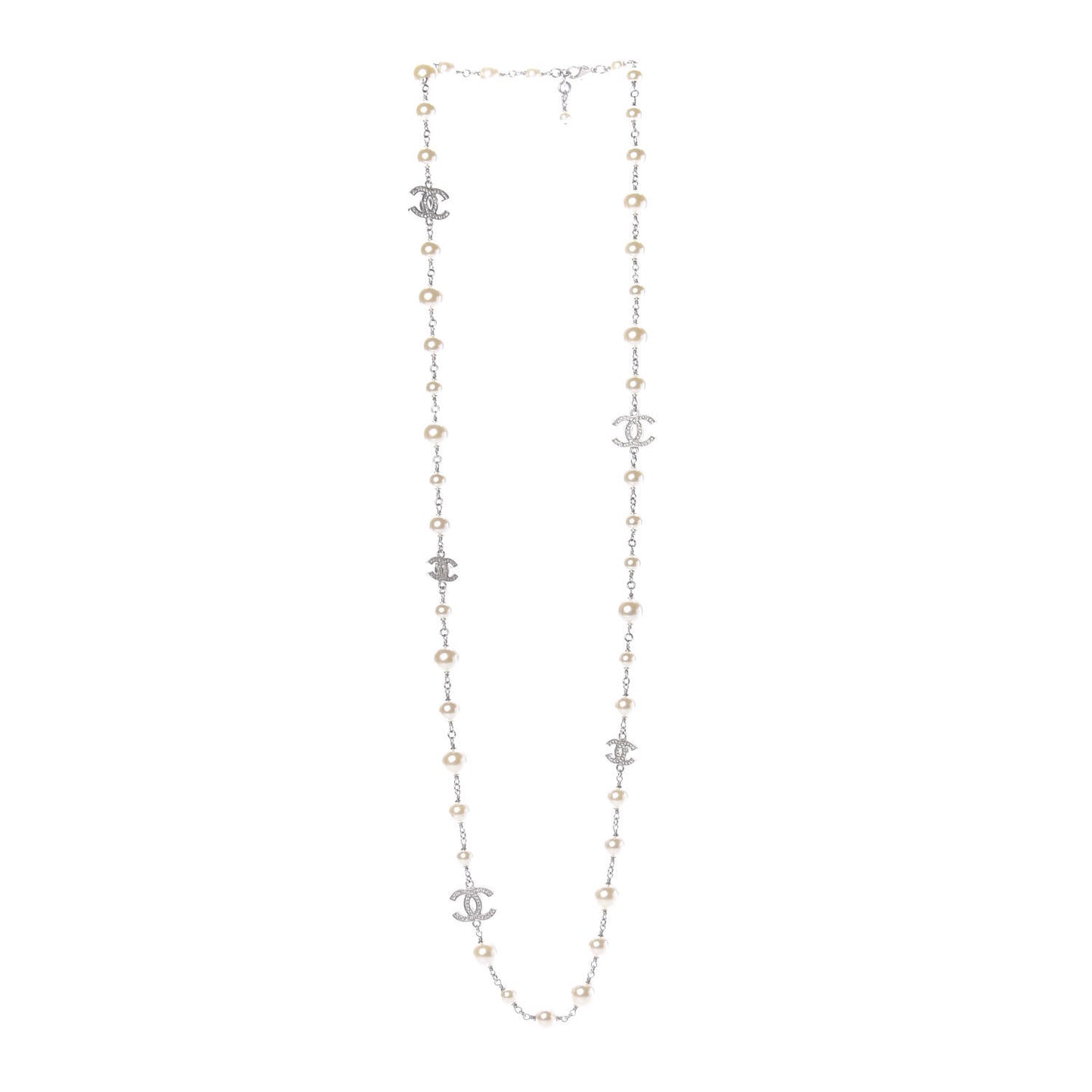 Crystal Pearl CC Long Necklace Silver