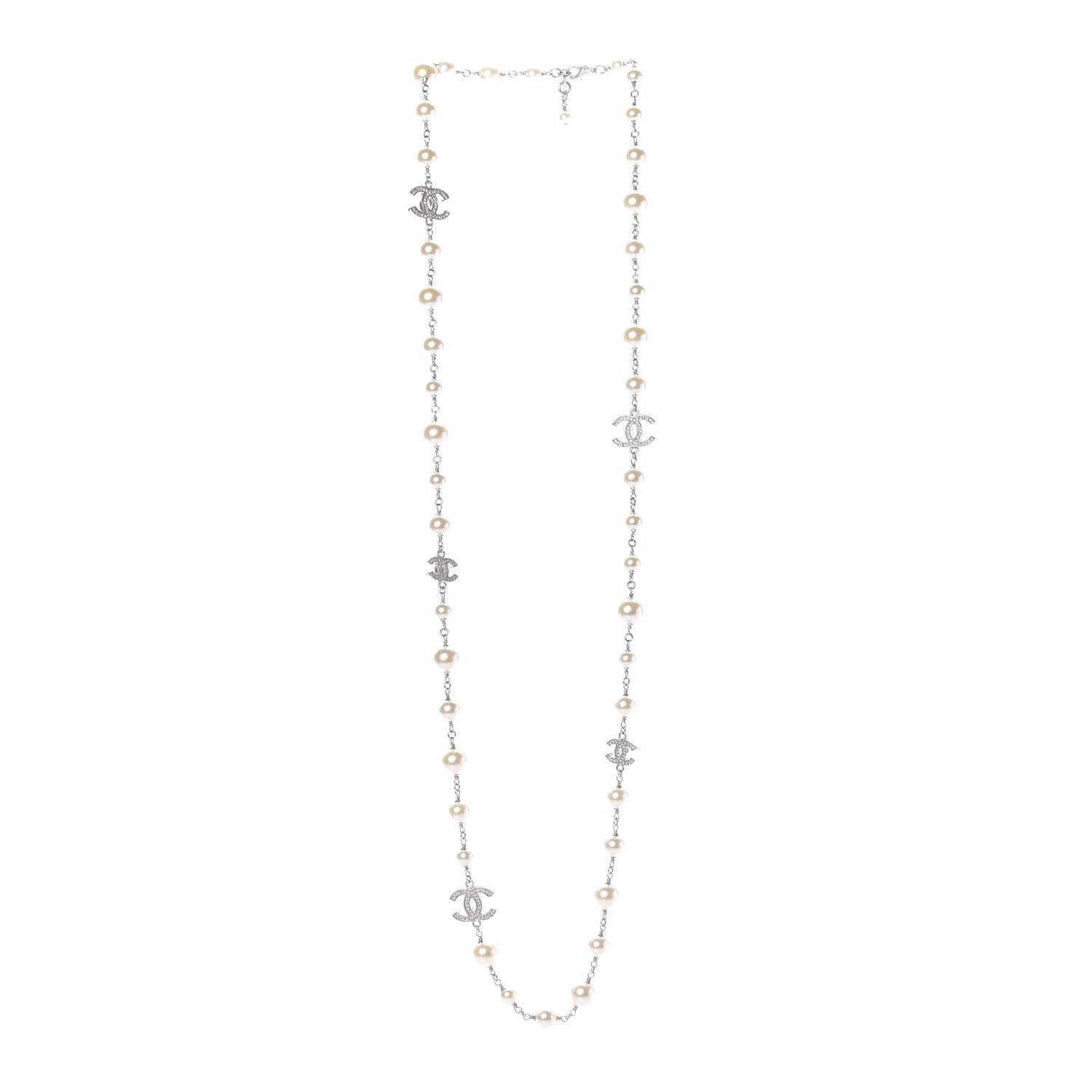 Chanel Crystal Pearl CC Long Necklace Silver 2 of 6