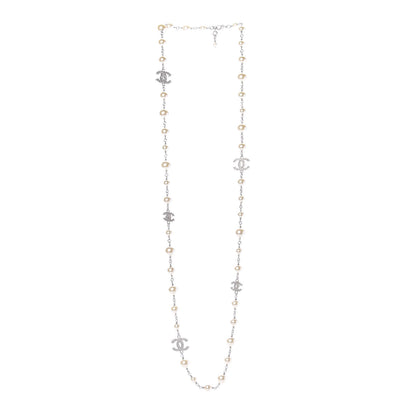 Chanel Crystal Pearl CC Long Necklace Silver 2 of 6