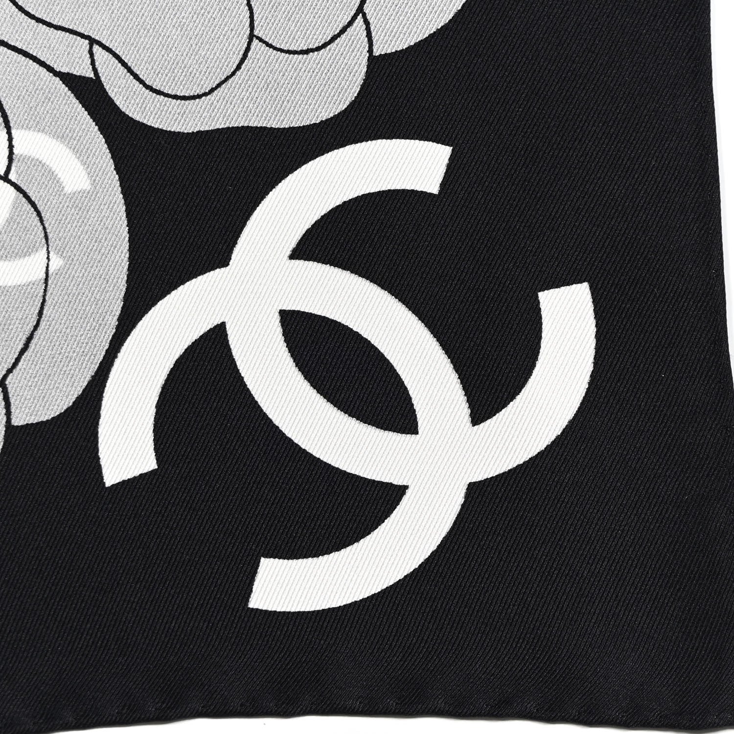 Chanel Silk CC Logo Camellia Scarf White Black 3 of 4
