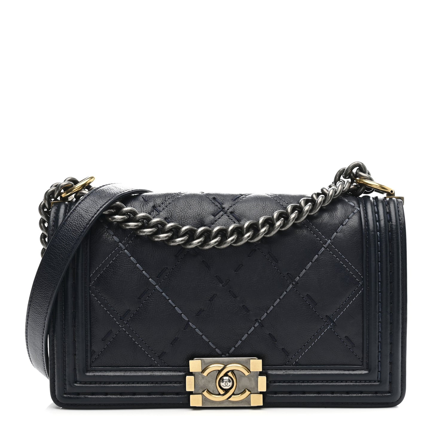 Calfskin Double Stitch Medium Boy Flap Navy Blue
