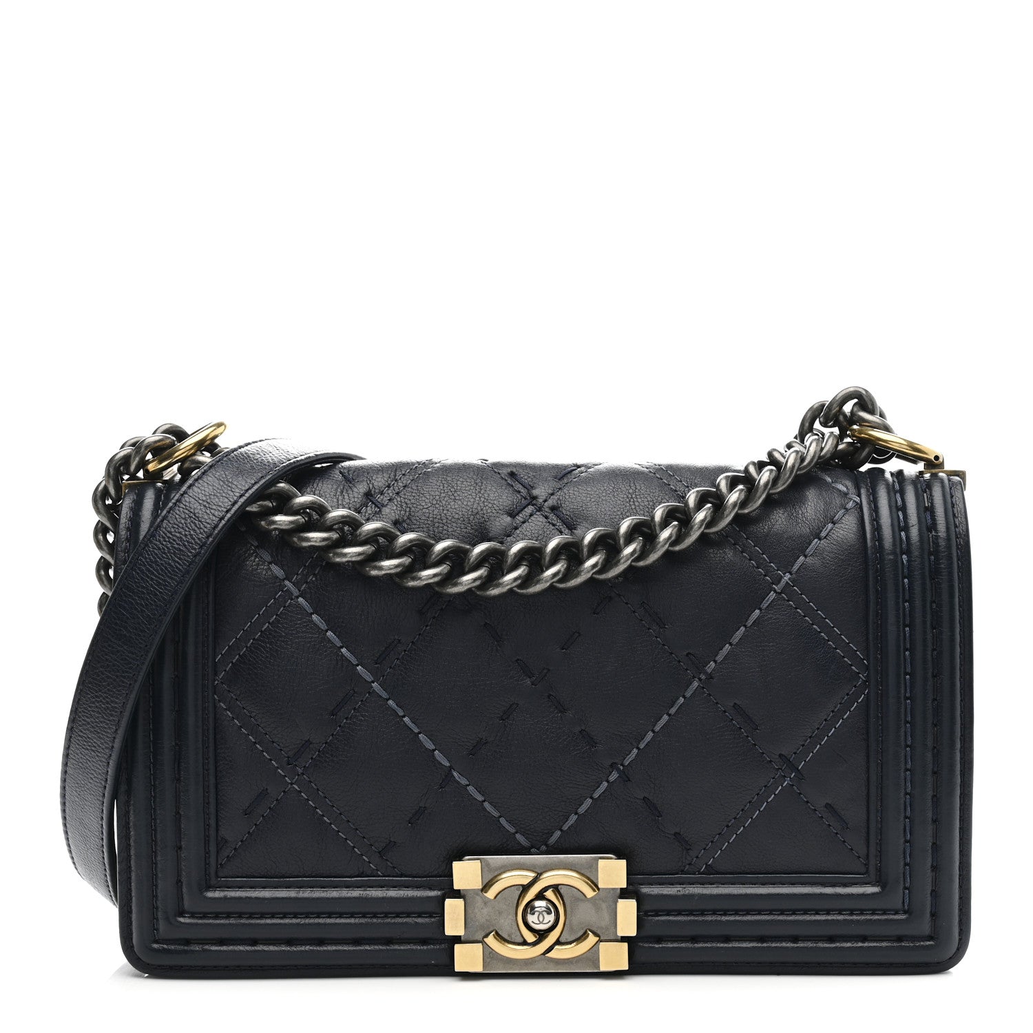 Chanel Calfskin Double Stitch Medium Boy Flap Navy Blue 1 of 15