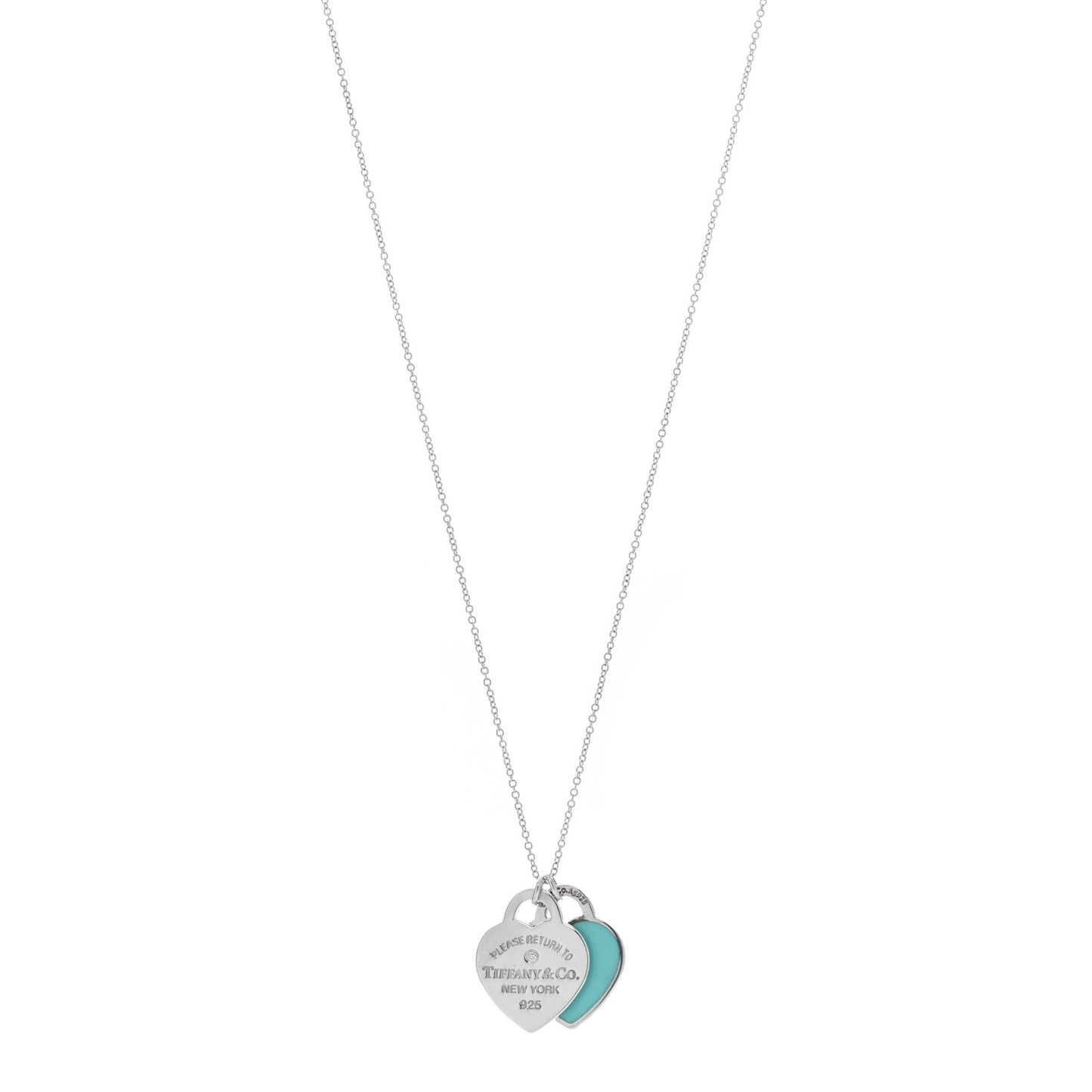 Sterling Silver Enamel Diamond Return to Tiffany Double Small Heart Tag Pendant Necklace Blue