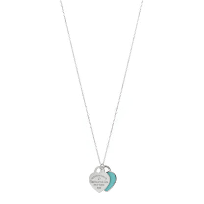 Tiffany Sterling Silver Enamel Diamond Return to Tiffany Double Small Heart Tag Pendant Necklace Blue 1 of 5
