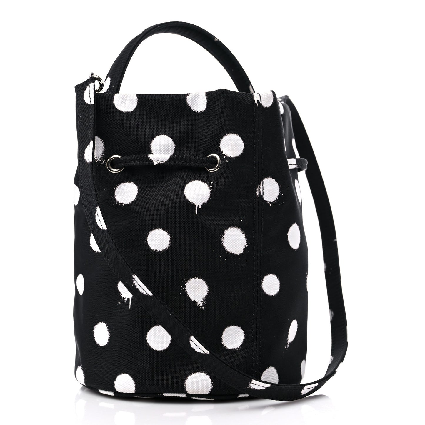 Recycled Sport Nylon Polka Dot Logo Embroidered Wheel Drawstring Bucket Bag Black White
