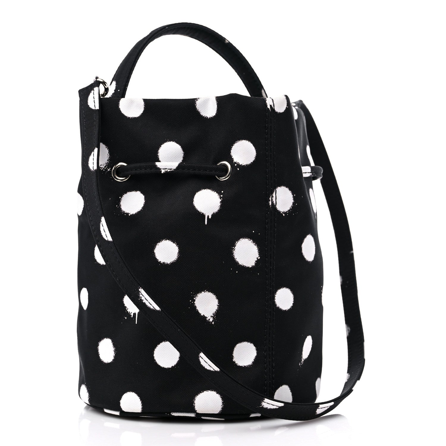 Balenciaga Recycled Sport Nylon Polka Dot Logo Embroidered Wheel Drawstring Bucket Bag Black White 3 of 9
