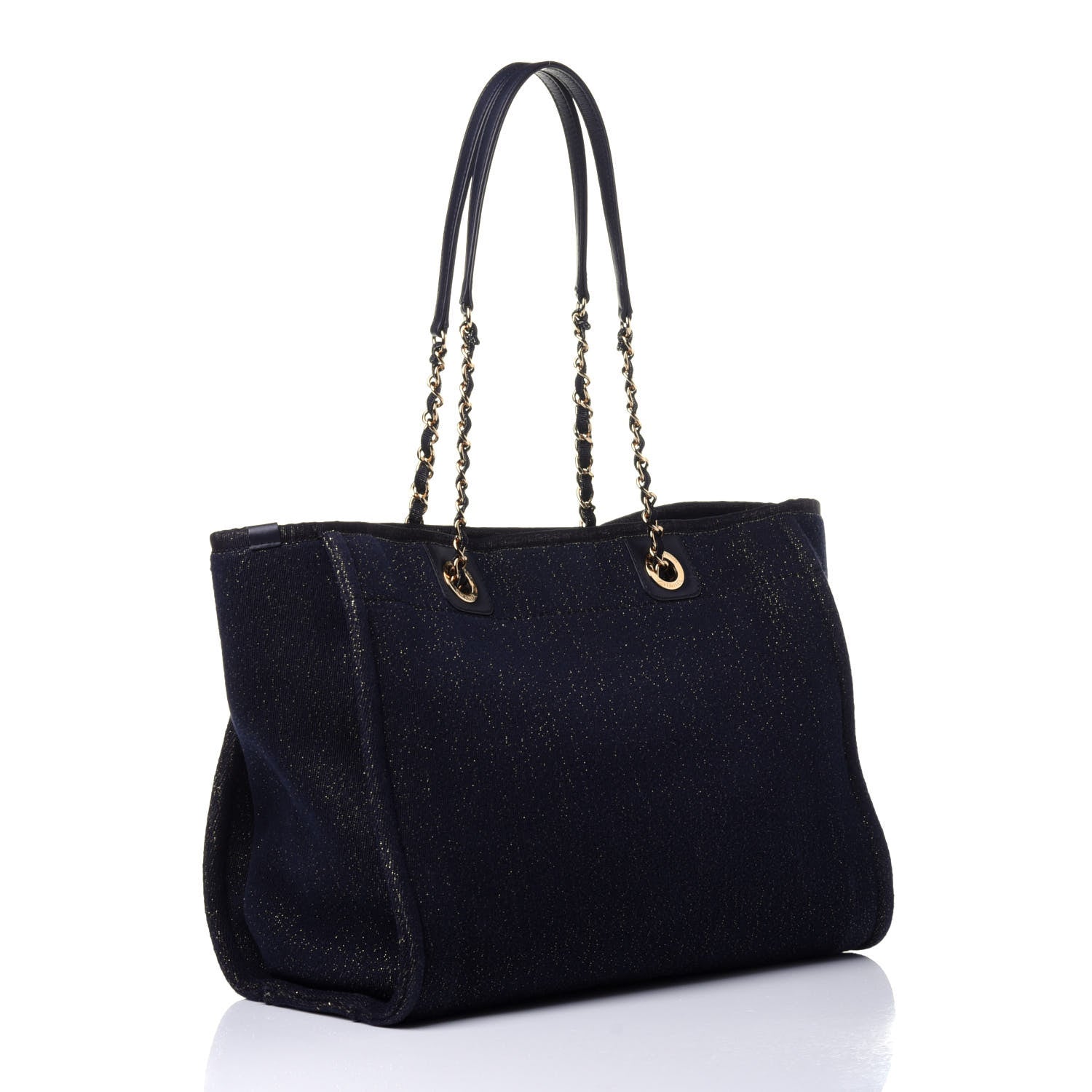 Chanel Lurex Canvas Small Deauville Tote Navy Blue Gold 3 of 11