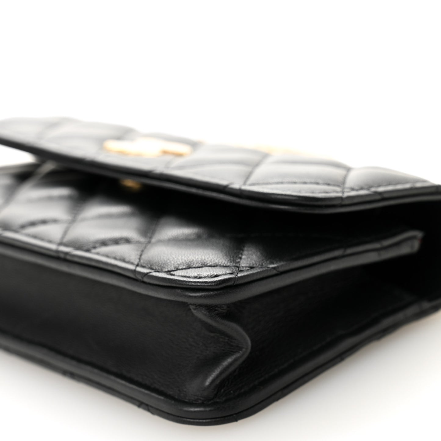 Lambskin Quilted Sweet Camellia Flap Phone Holder With Chain Black