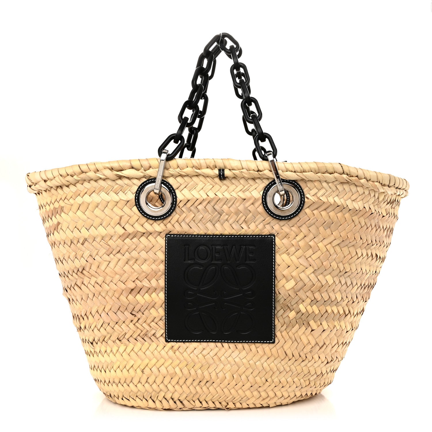 Loewe Raffia Calfskin Medium Chain Basket Tote Bag Natural Black 1 of 8