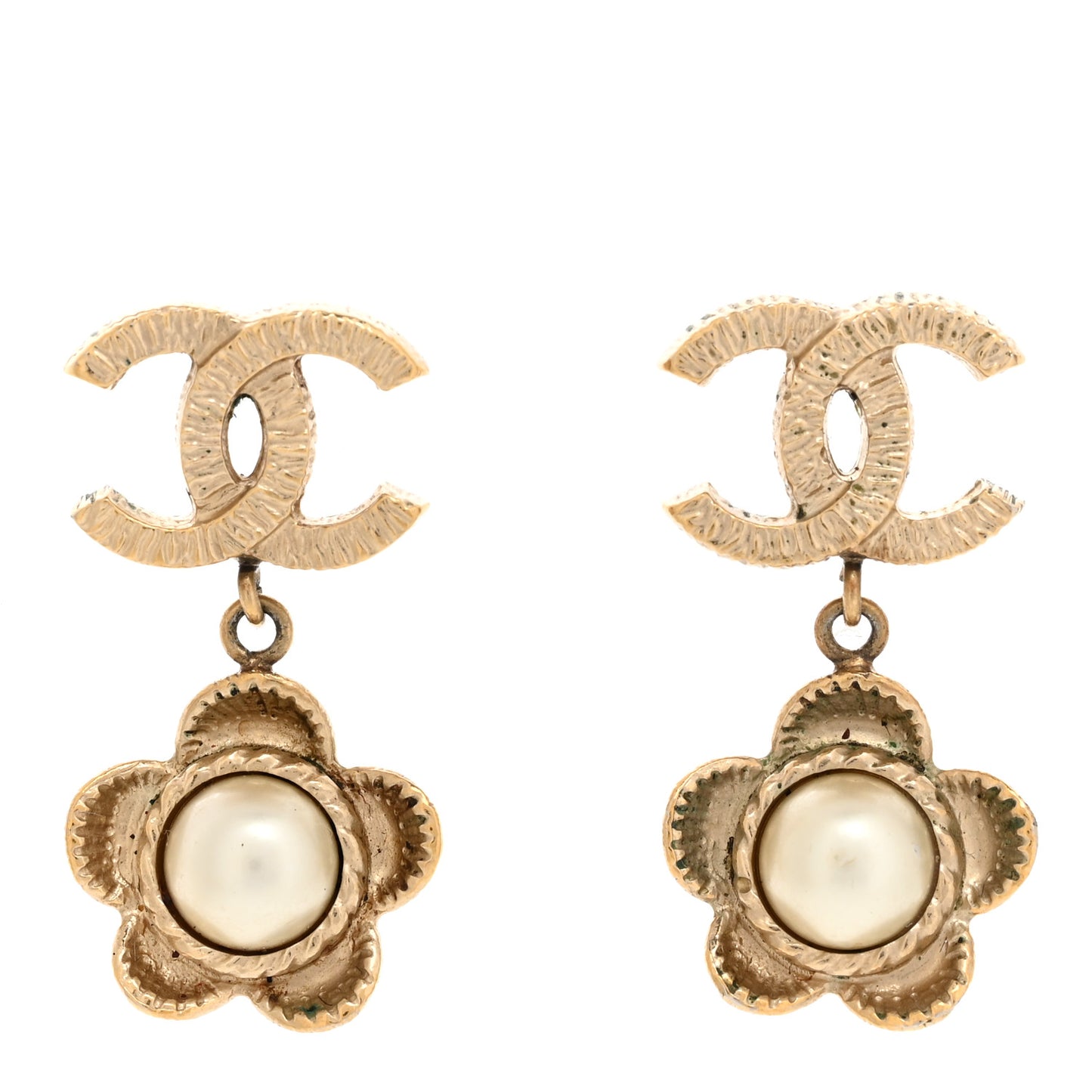 Pearl CC Flower Drop Earrings Gold