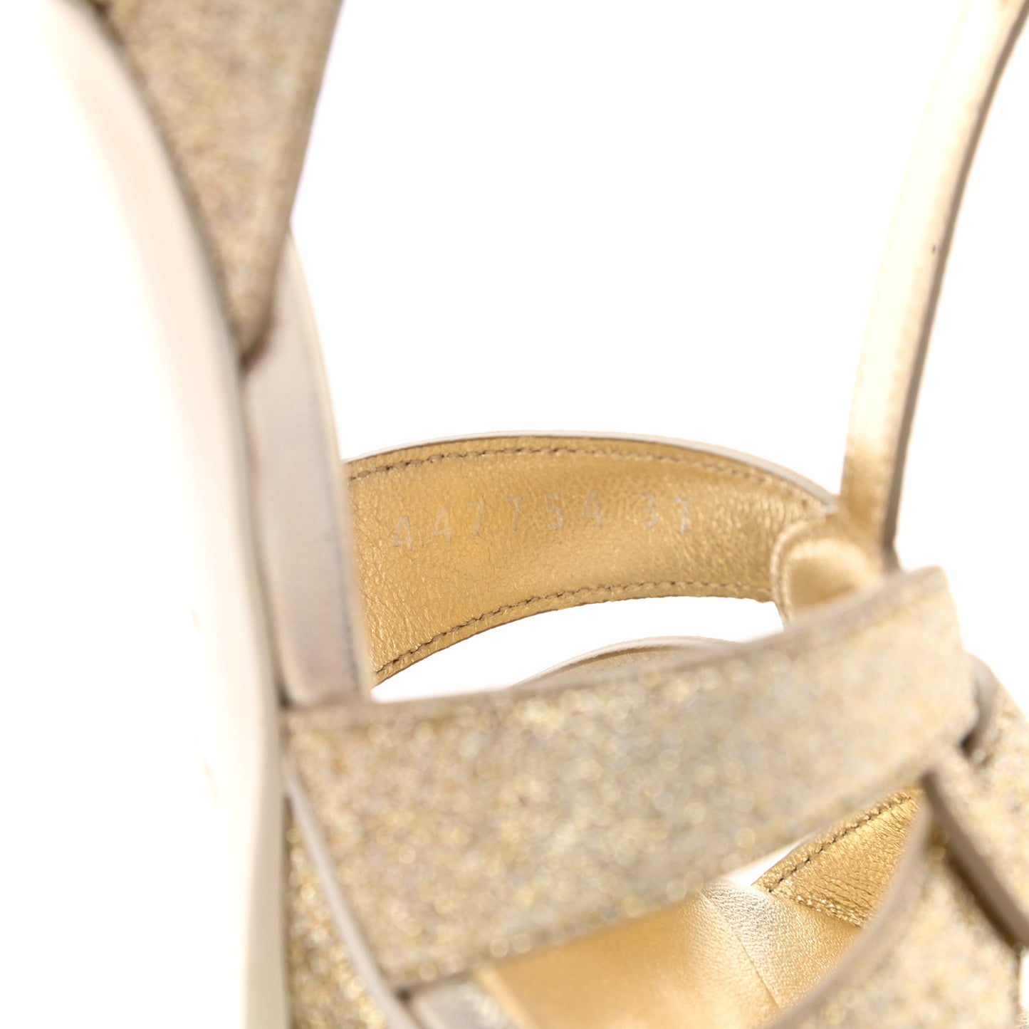 Glitter Calfskin Tribute 105 Platform Sandals 37 Gold