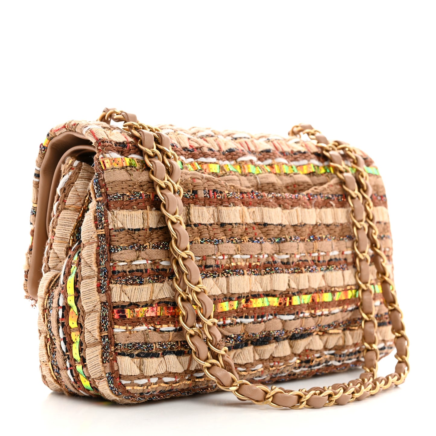 Iridescent Tweed Lambskin Medium Double Flap Dark Beige