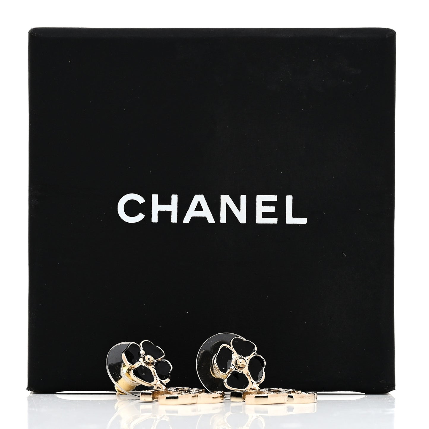 Crystal Resin Camellia CC Drop Earrings Gold Black