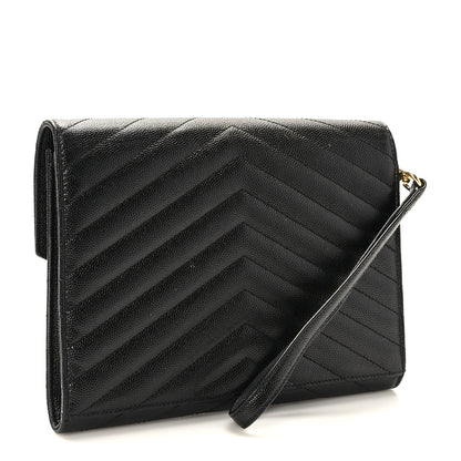 Saint Laurent Grain De Poudre Matelasse Chevron Monogram Envelope Clutch Black 2 of 8