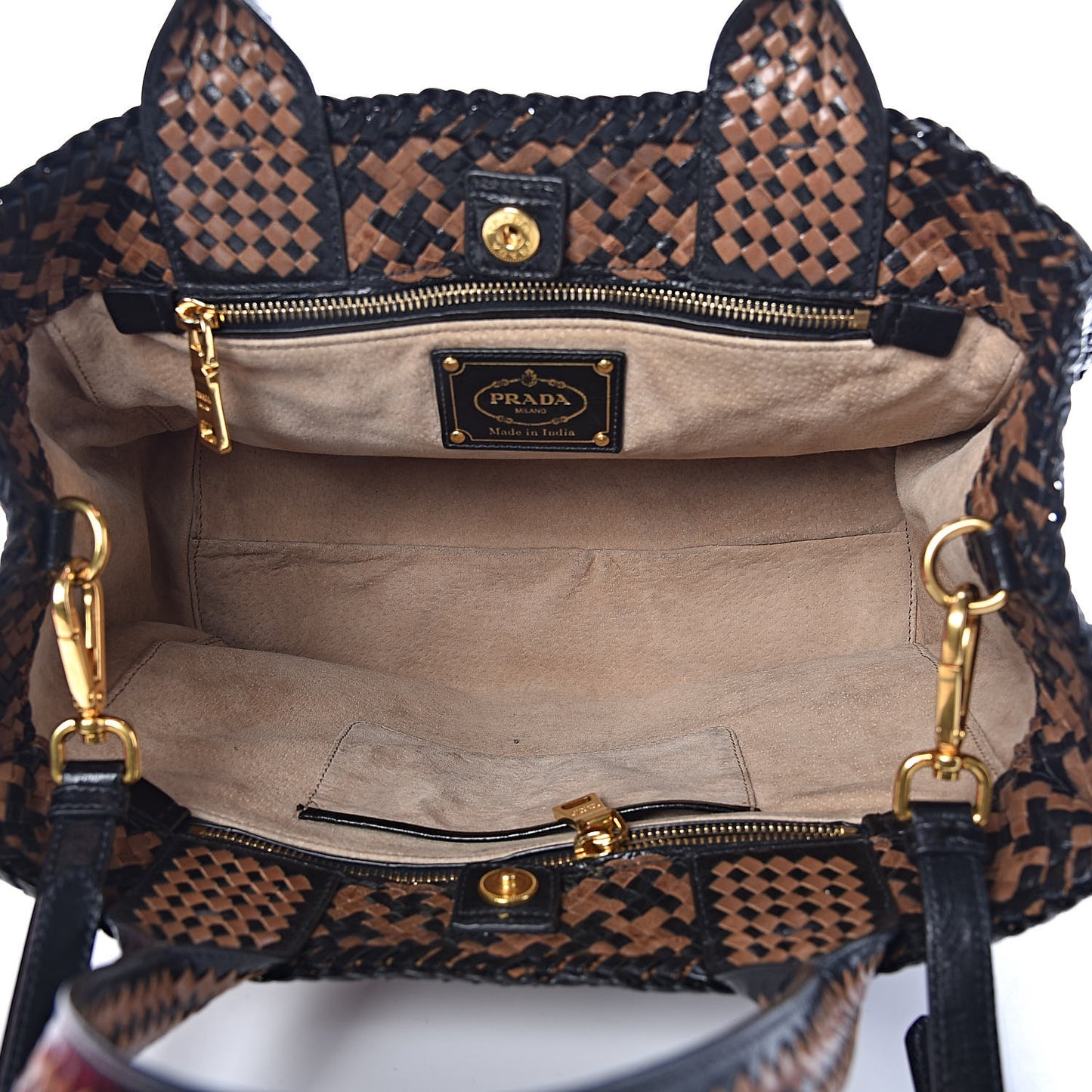 Goatskin Woven Small Tote Black Cammello
