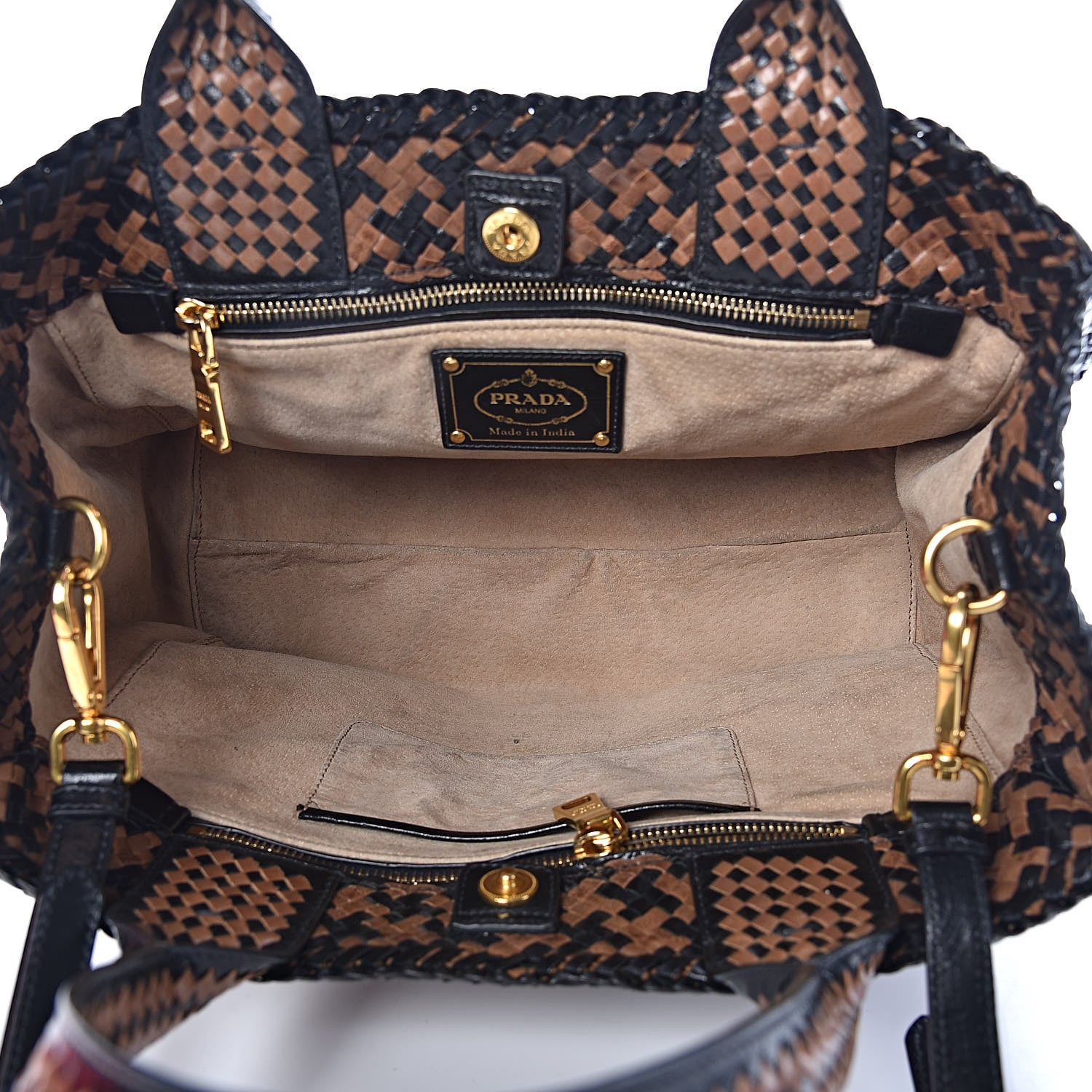 Prada Goatskin Woven Small Tote Black Cammello 5 of 13