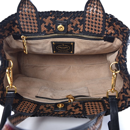 Prada Goatskin Woven Small Tote Black Cammello 5 of 13