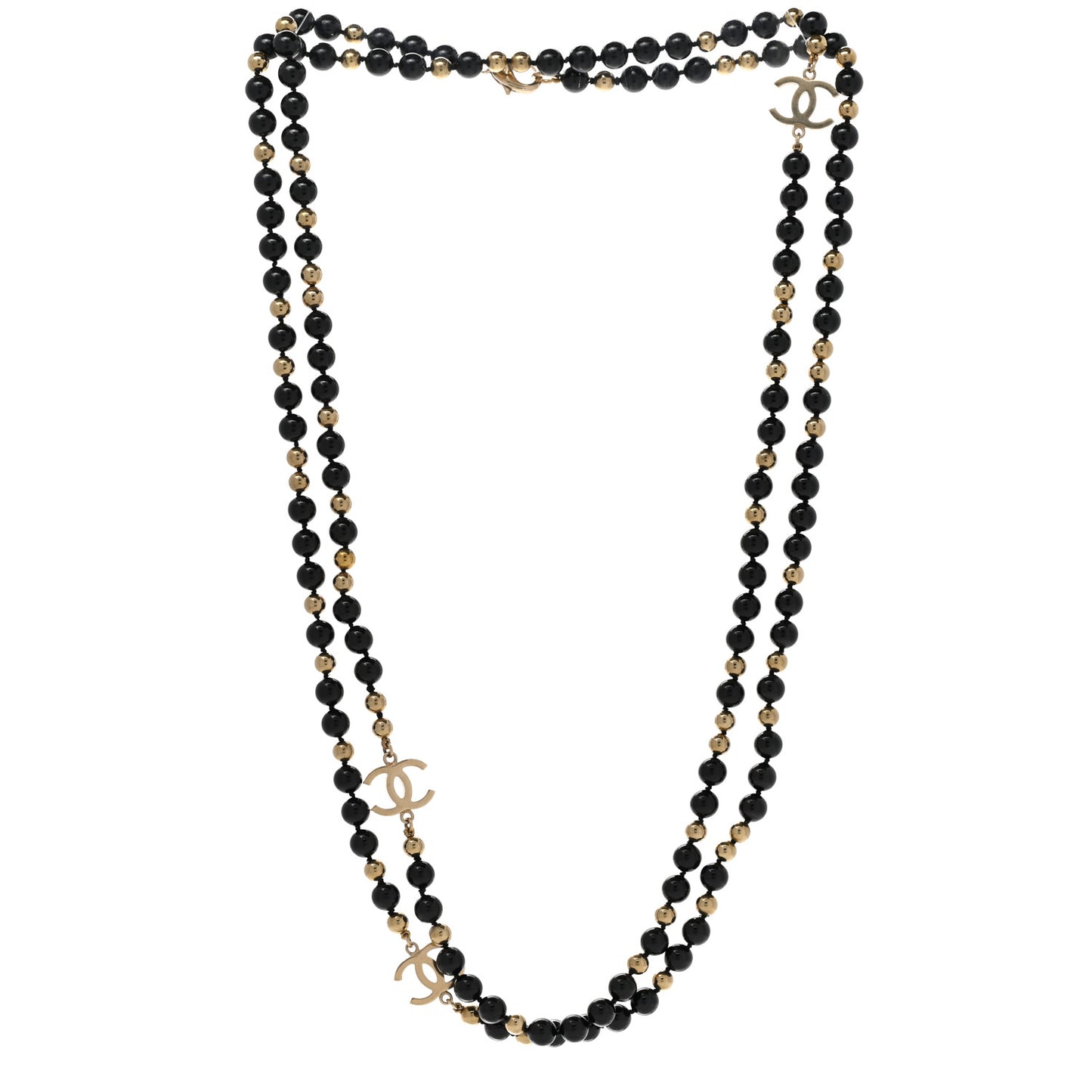 Metal Beaded CC Long Necklace Gold Black