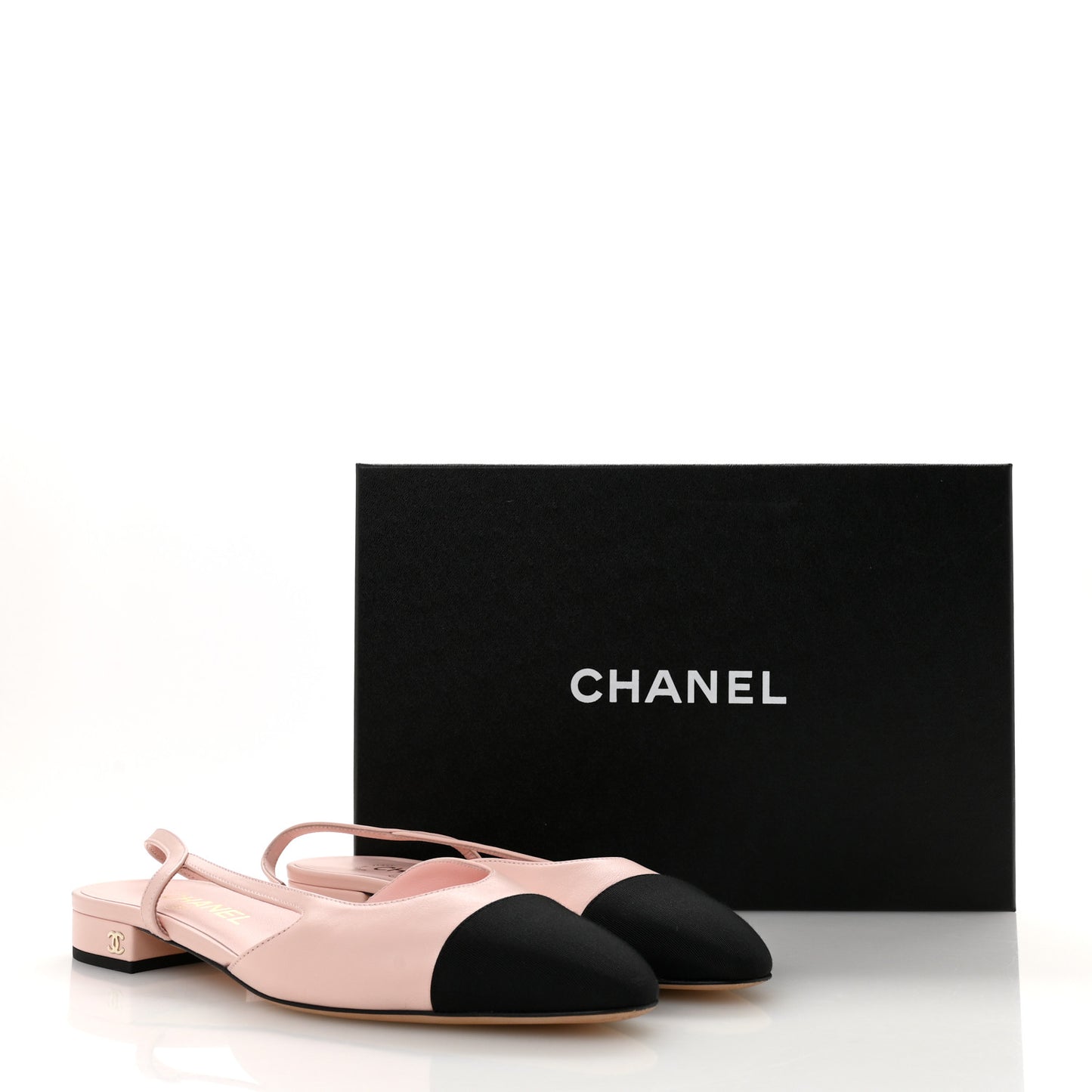 Calfskin Grosgrain Cap Toe CC Slingback Flats 39 Light Pink Black