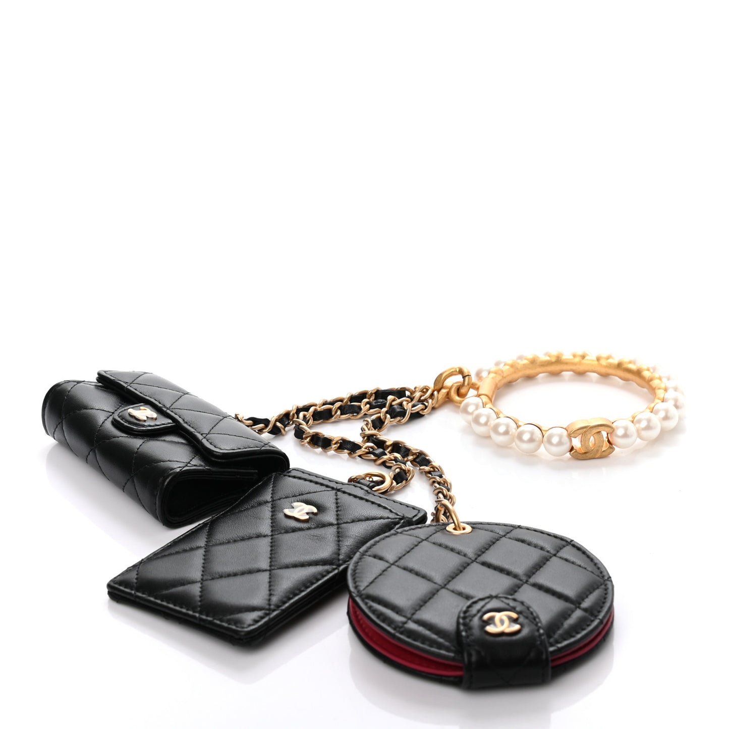 Pearl Lambskin Pearl Crown CC Wristlet Multi Pouches Black