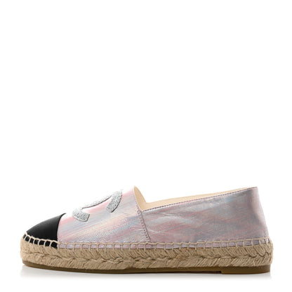 Chanel Laminated Lambskin Grosgrain Embroidered CC Espadrilles 39 Pink Silver Black 1 of 9