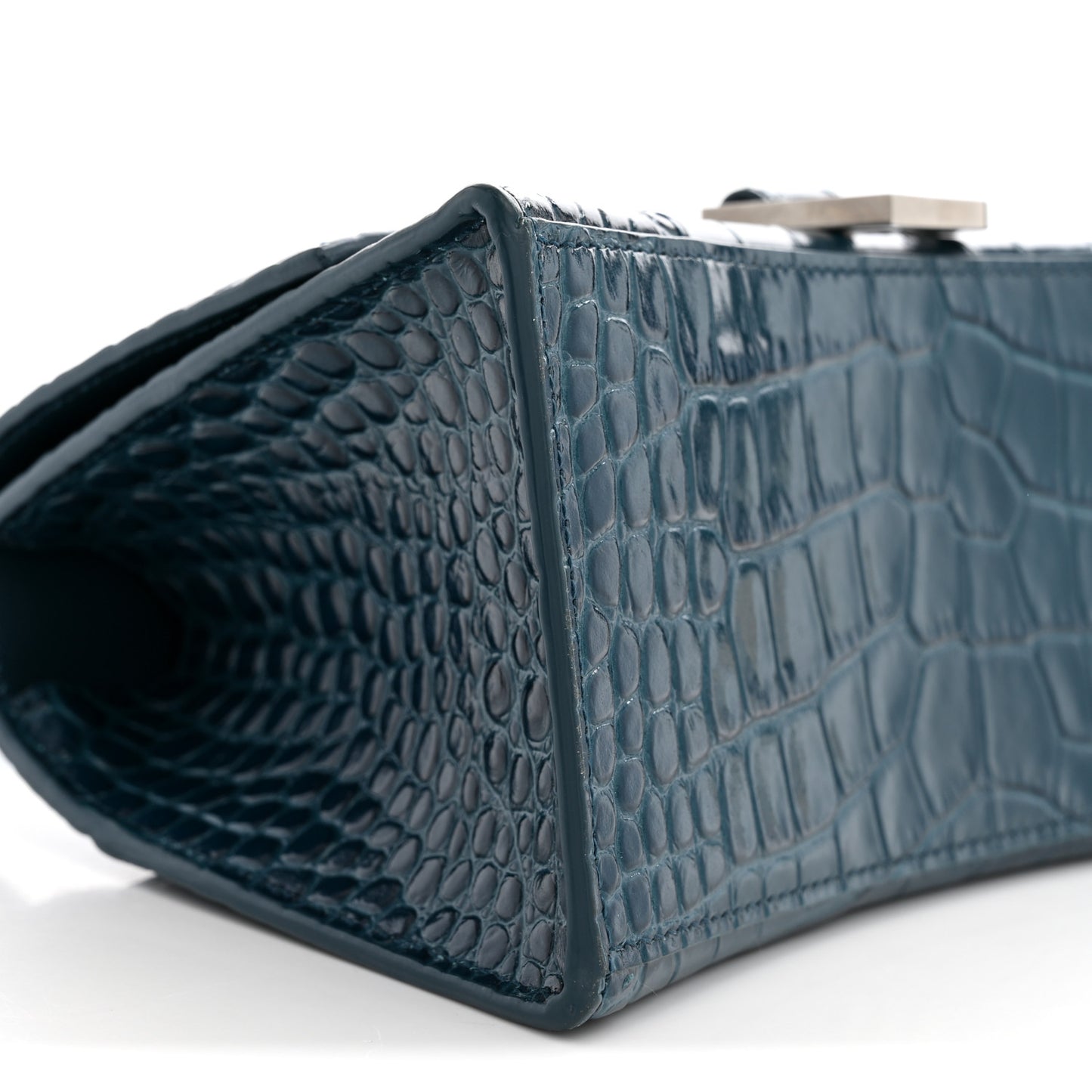 Shiny Calfskin Crocodile Embossed Small Hourglass Top Handle Bag Dark Petrol Blue