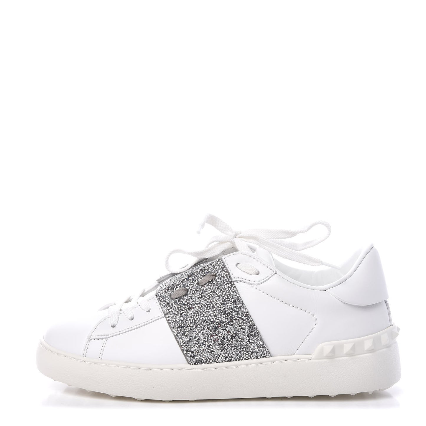 Calfskin Glitter Rockstud Open Sneakers 37.5 White Silver