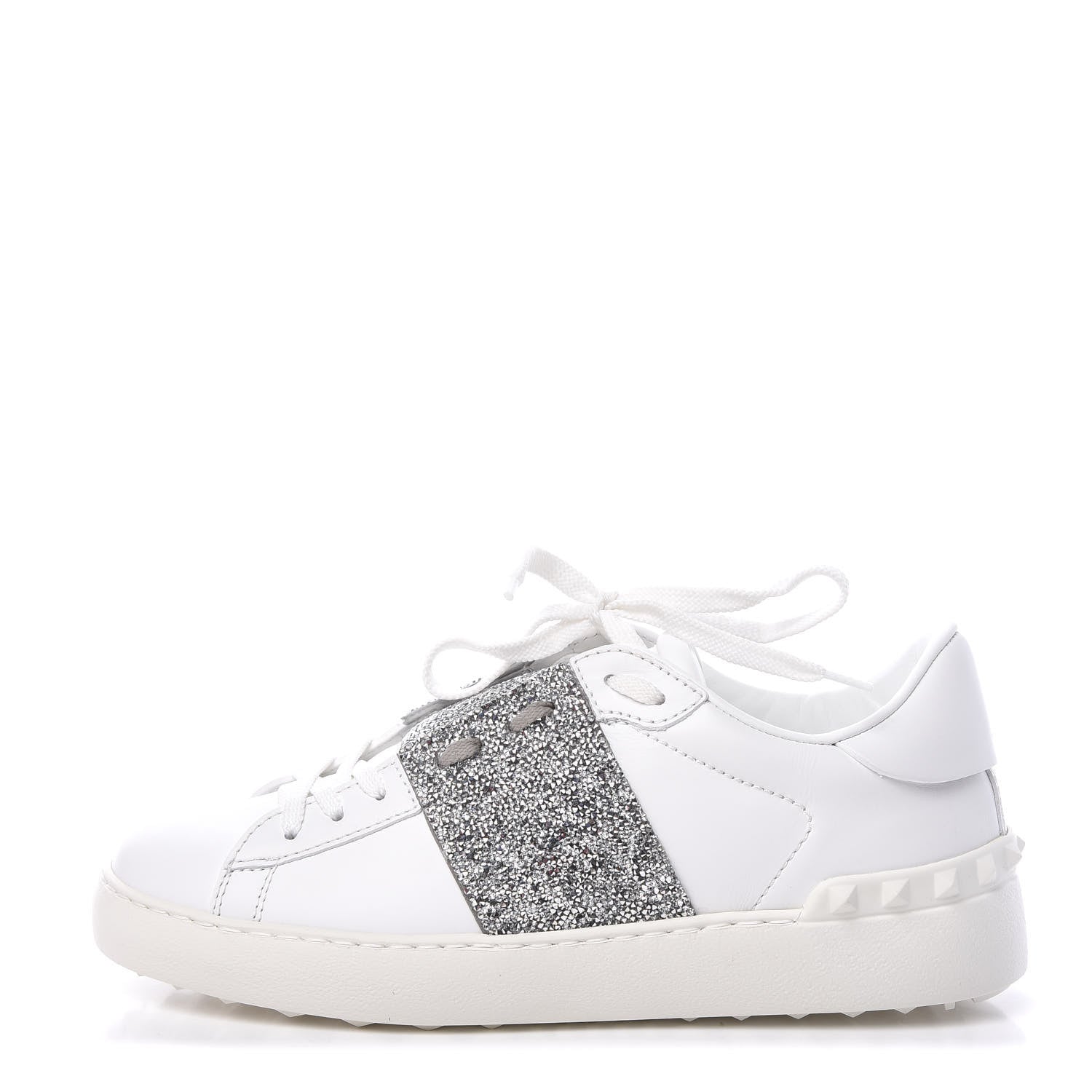 Valentino Garavani Calfskin Glitter Rockstud Open Sneakers 37.5 White Silver 1 of 9