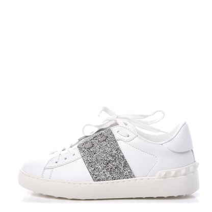Valentino Garavani Calfskin Glitter Rockstud Open Sneakers 37.5 White Silver 1 of 9