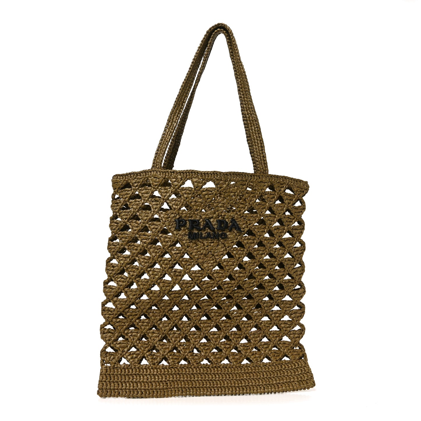Yarn Raffia Effect Crochet Logo Embroidered Tote Bag Oliva