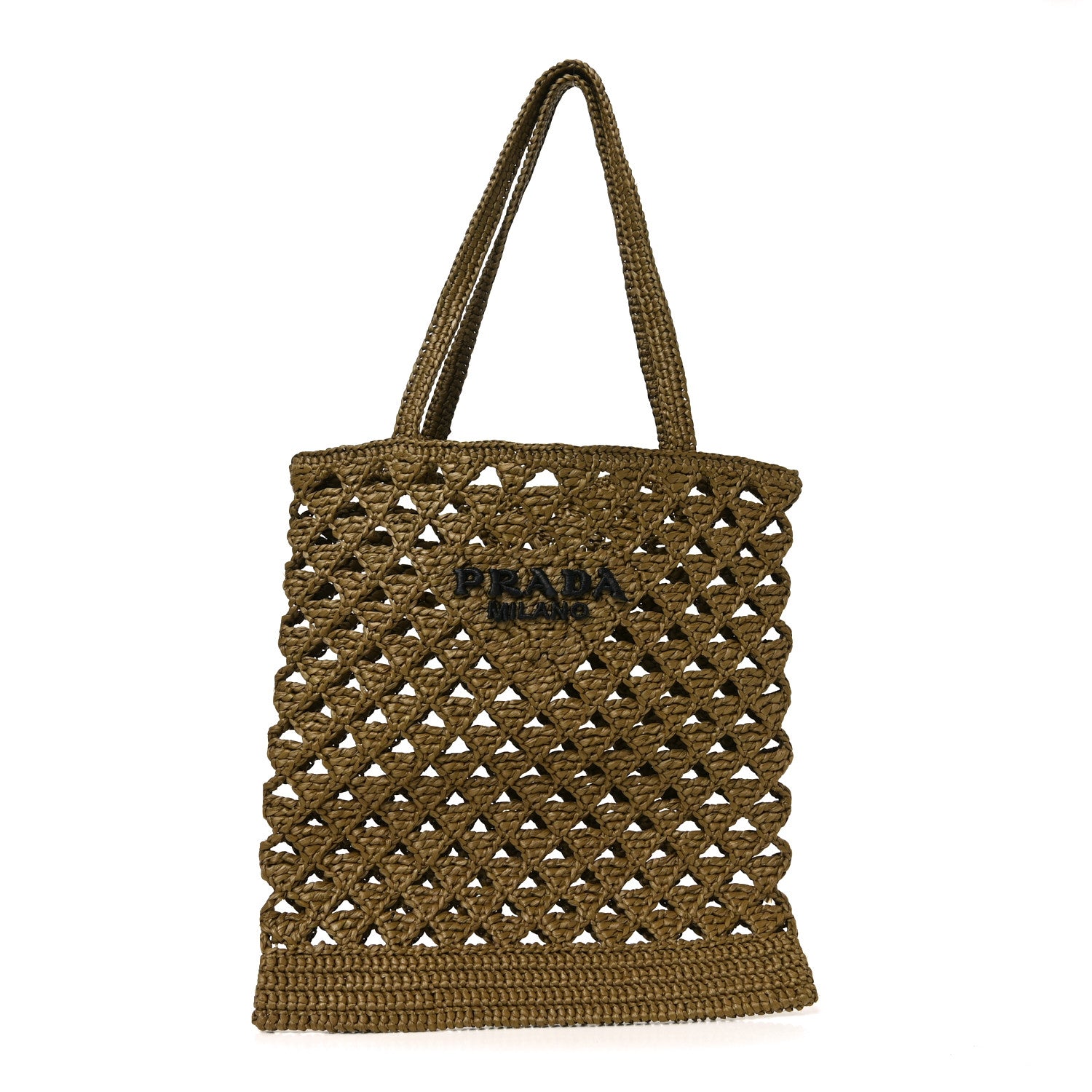 Prada Yarn Raffia Effect Crochet Logo Embroidered Tote Bag Oliva 1 of 8