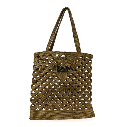 Prada Yarn Raffia Effect Crochet Logo Embroidered Tote Bag Oliva 1 of 8