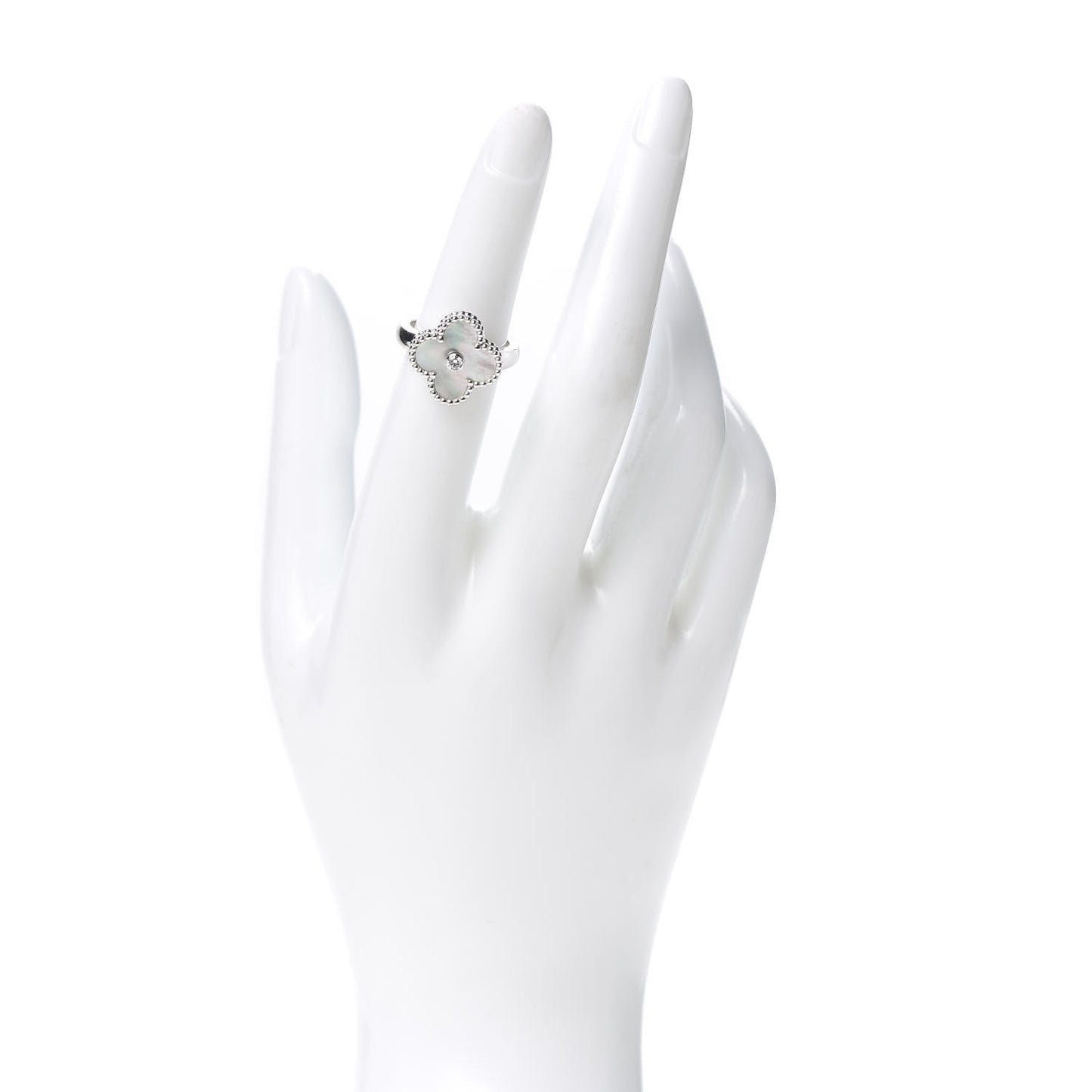 18K White Gold Diamond Mother of Pearl Vintage Alhambra Ring 50 5.25