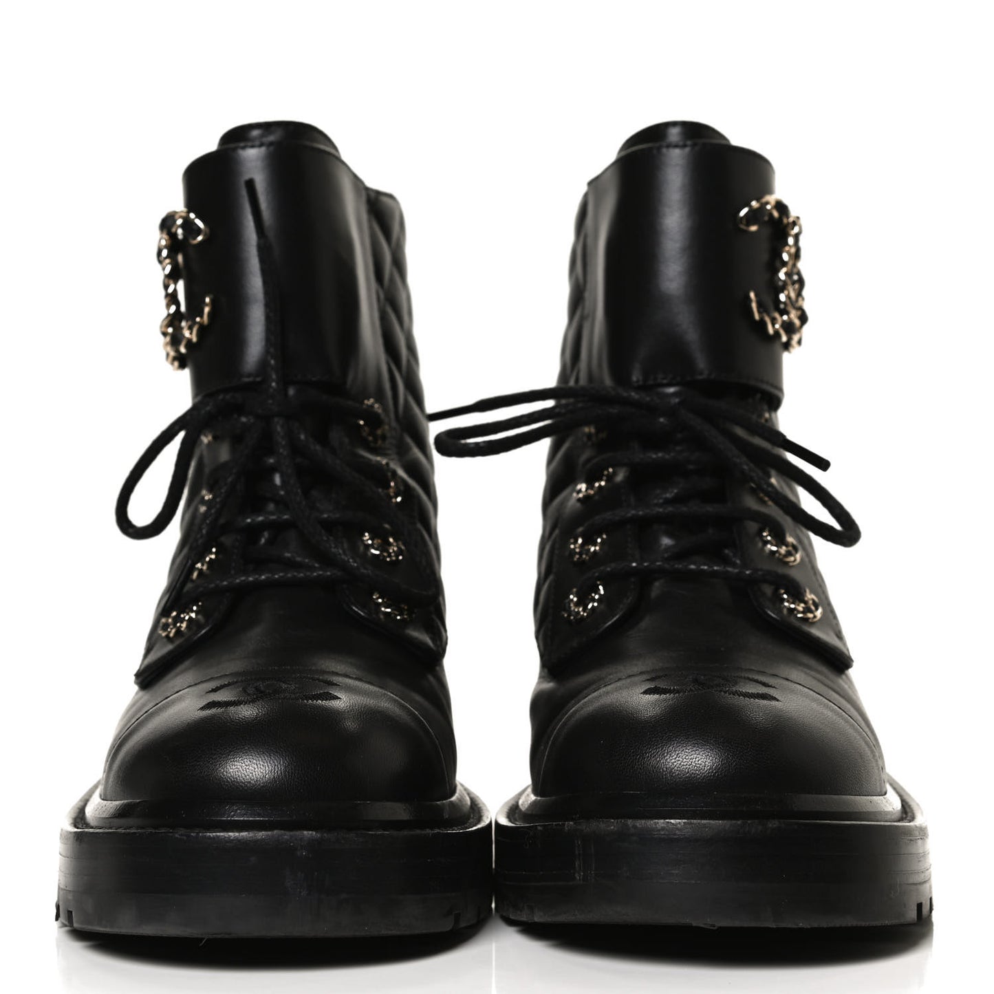 Shiny Lambskin Quilted Lace Up Combat Boots 38.5 Black