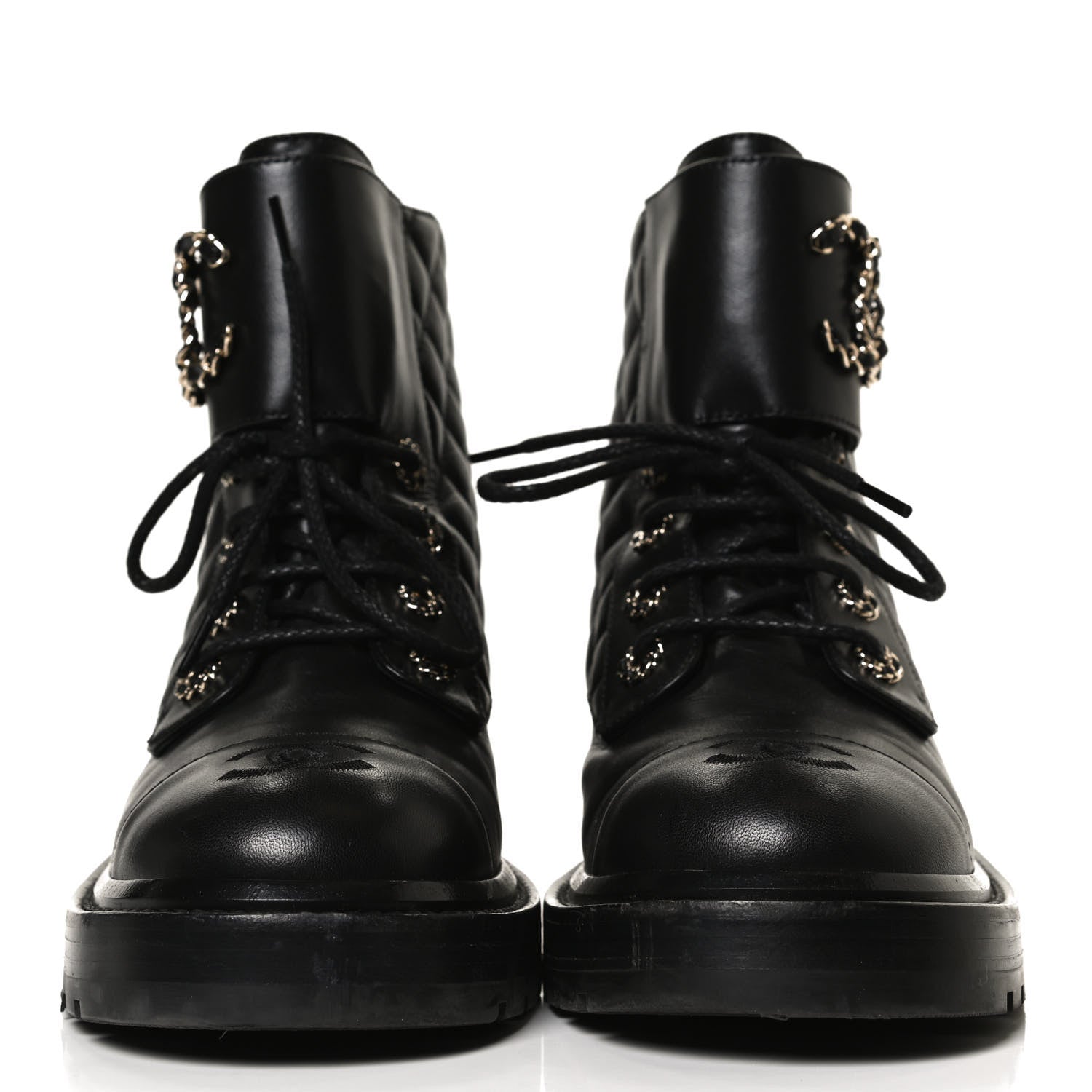 Chanel Shiny Lambskin Quilted Lace Up Combat Boots 38.5 Black 2 of 14