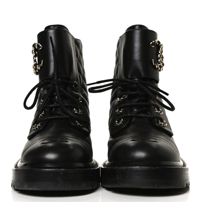 Chanel Shiny Lambskin Quilted Lace Up Combat Boots 38.5 Black 2 of 14