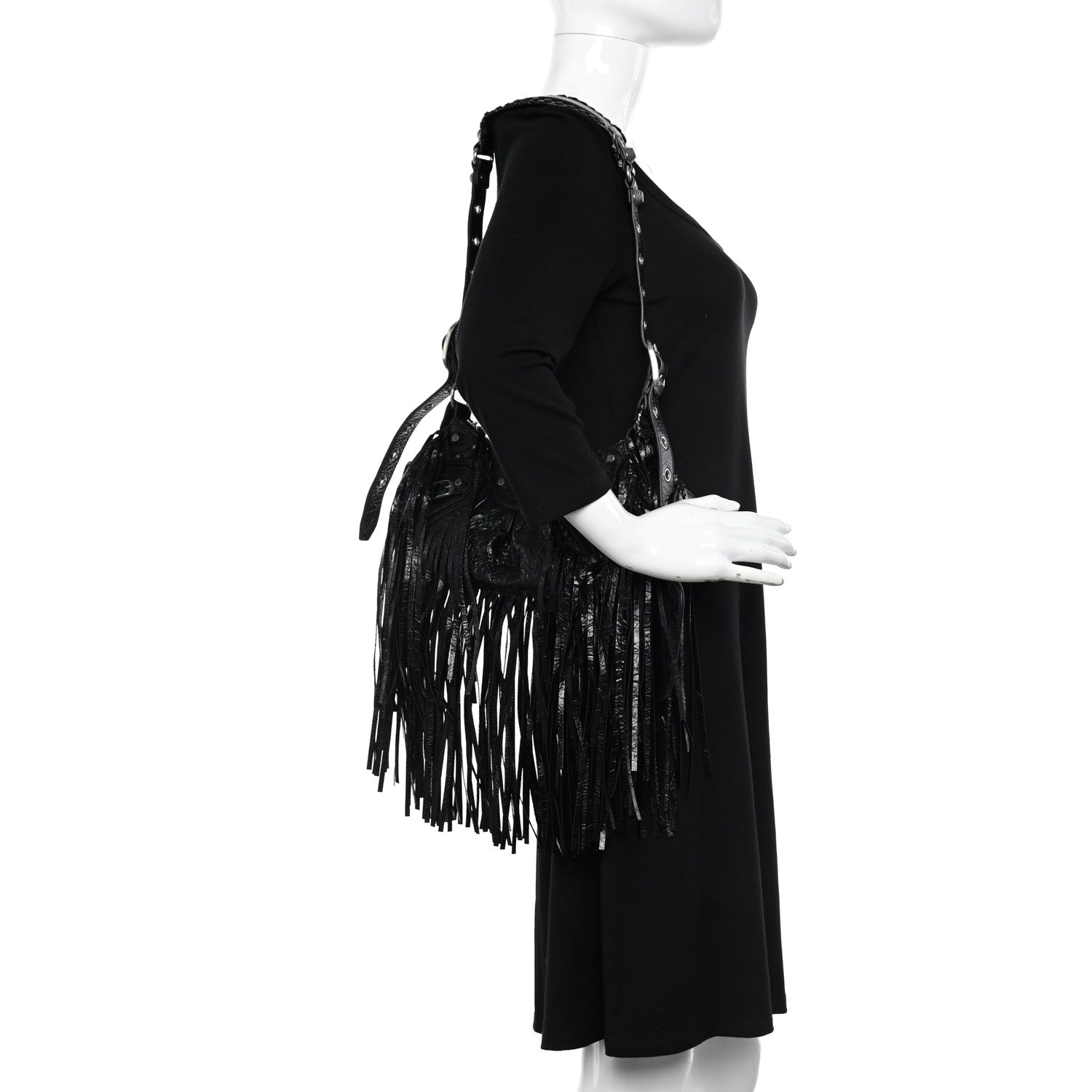 Balenciaga Agneau Arena Le Cagole Fringe Shoulder Bag XS Black 2 of 13